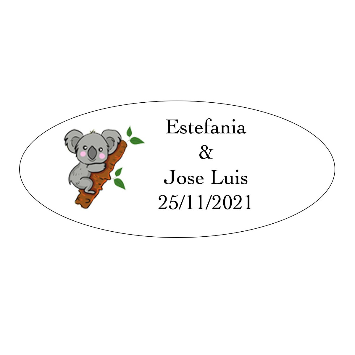 Adhesivo koala ovalado personalizado para bodas