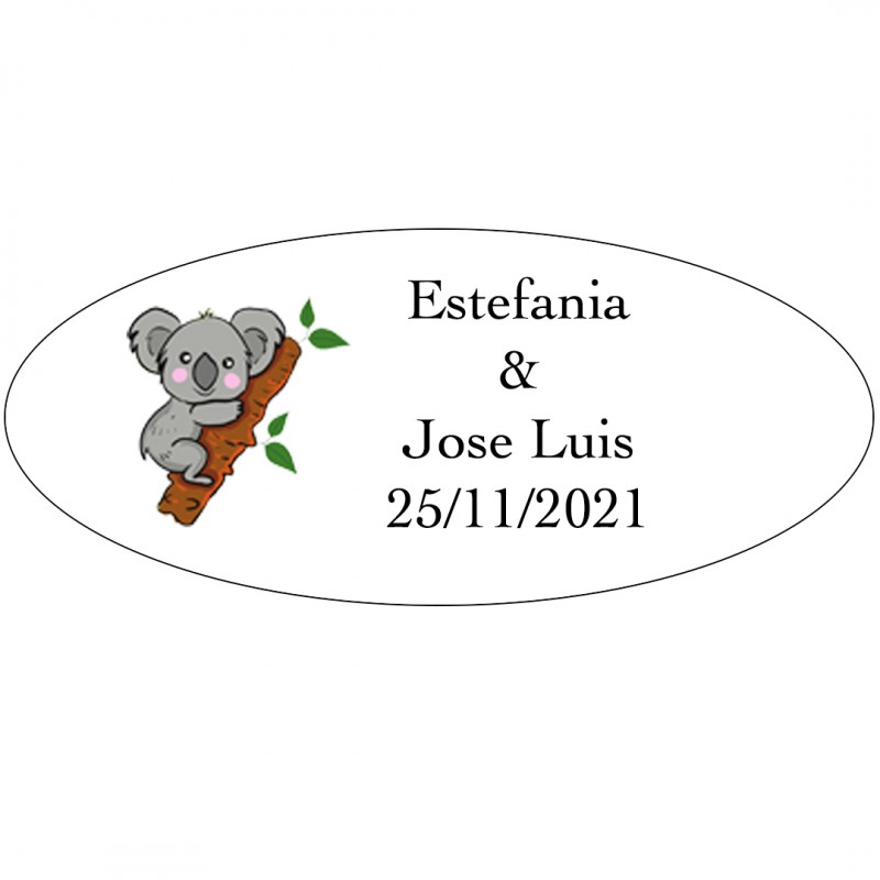 Adhesivo koala ovalado personalizado para bodas