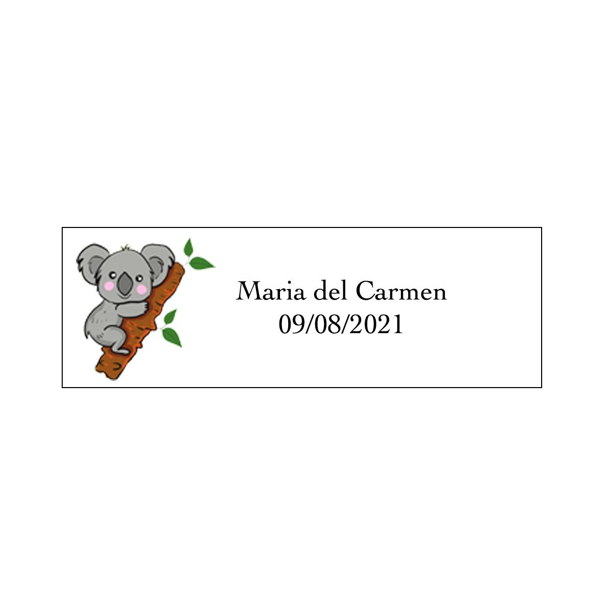 Adhesivo koala rectangular personalizado con nombre y fecha