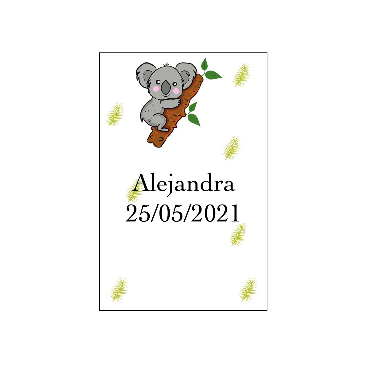 Adhesivo koala personalizado con nombre y fecha