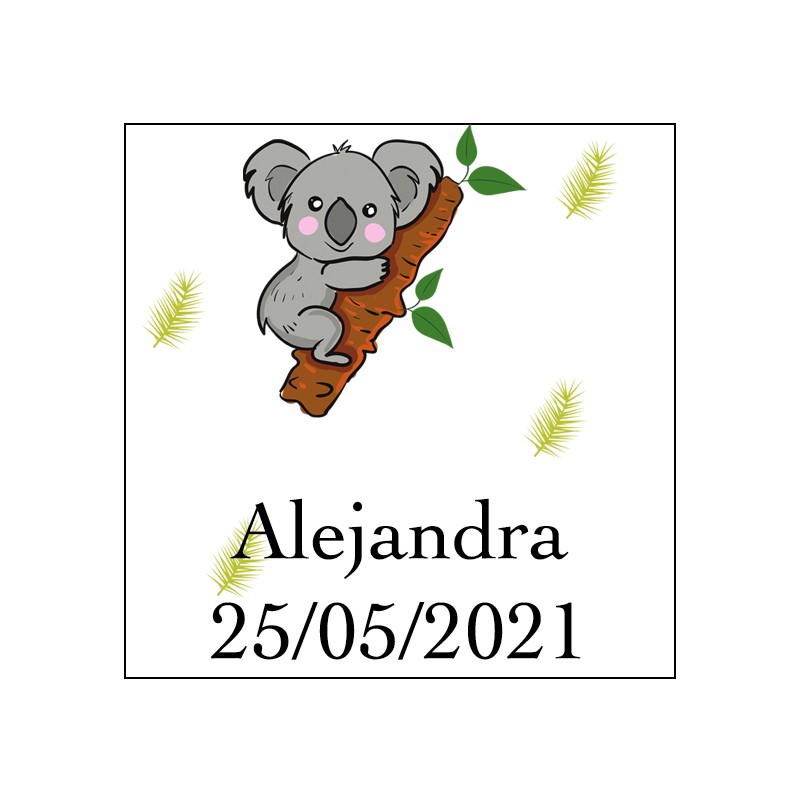 Adhesivo koala cuadrado para personalizar con nombre y fecha