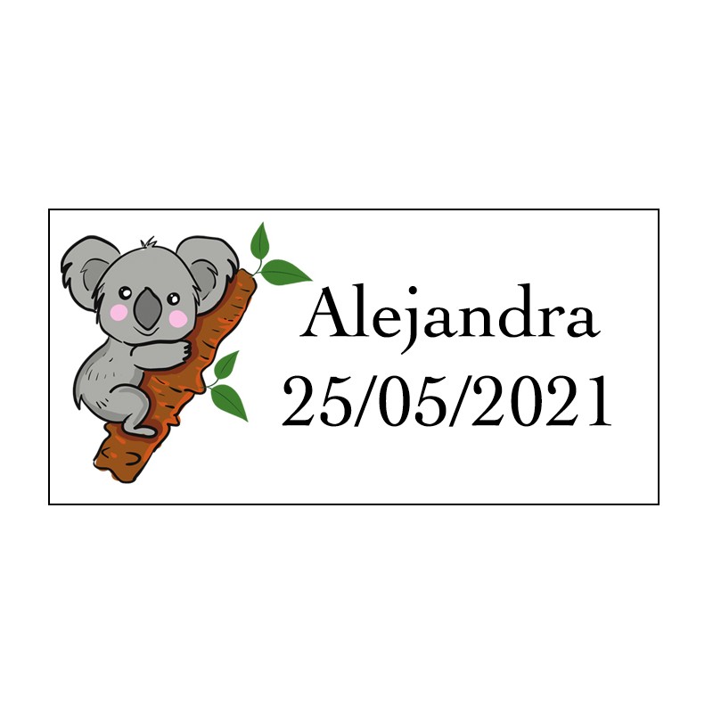 Adhesivo koala rectangular personalizado con nombre y fecha