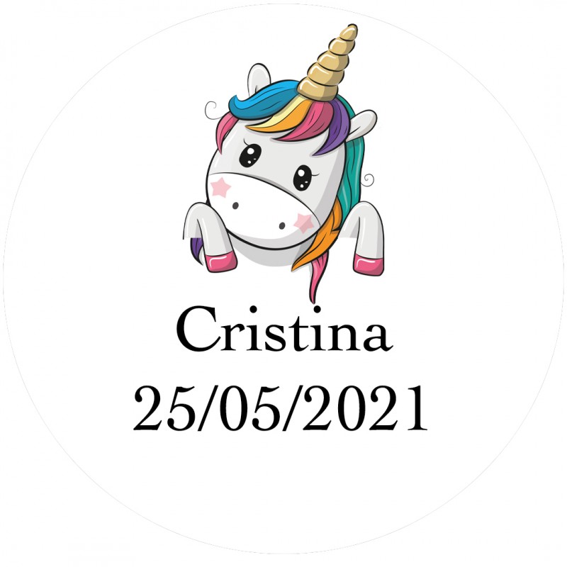 Adhesivo unicornio corazones redondo blanco personalizado nombre y fecha tamaño mini