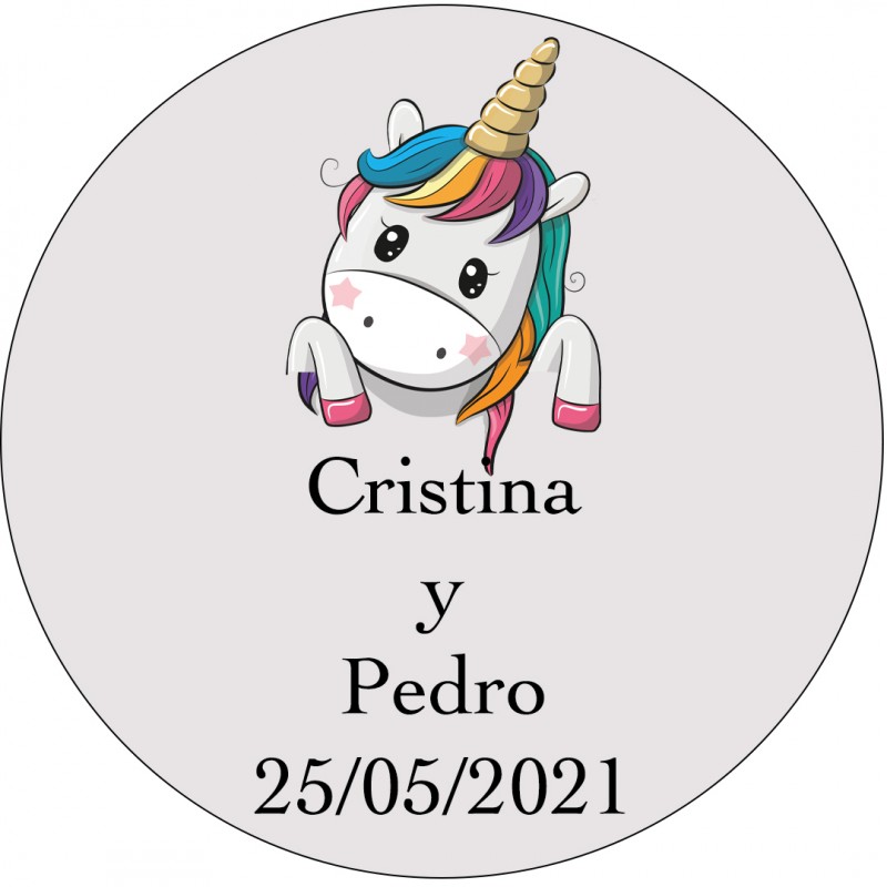 Adhesivo Unicornio Corazones, Redondo Transparente Personalizado Bodas Tamaño Mini Adhesivo Unicornio Corazones, Redondo Transparente Personalizado Bodas Tamaño Mini