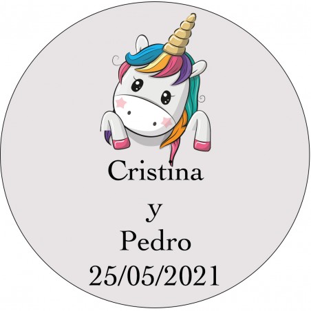 Adhesivo unicornio corazones redondo transparente personalizado bodas tamaño mini