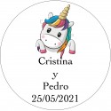 Adhesivo Unicornio Corazones, Redondo Blanco Personalizado Boda Tamaño Mini