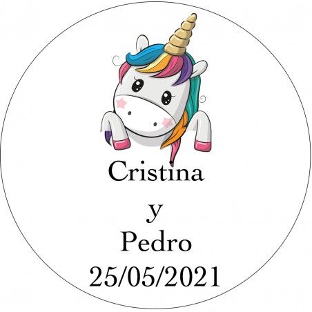 Adhesivo unicornio corazones redondo blanco personalizado boda tamaño mini