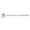 Adhesivo unicornio corazones rectangular blanco personalizado bodas