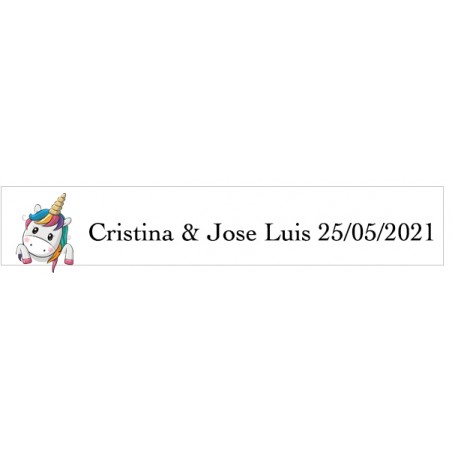 Adhesivo unicornio corazones rectangular blanco personalizado bodas