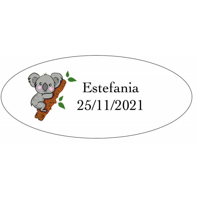 Adhesivo koala ovalado personalizado con nombre y fecha Adhesivo koala ovalado personalizado con nombre y fecha