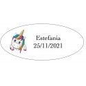 Adhesivo Unicornio Corazones, Ovalado Personalizado Con Nombre Y Fecha