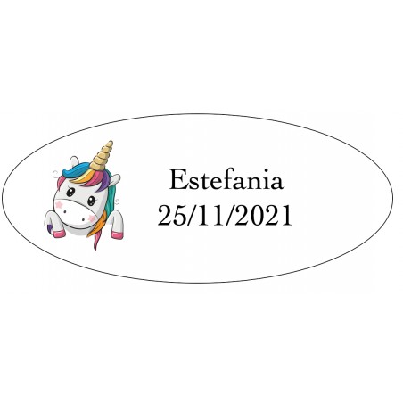 Adhesivo Unicornio Corazones, Ovalado Personalizado Con Nombre Y Fecha