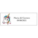 Adhesivo unicornio corazones rectangular personalizado nombre y fecha