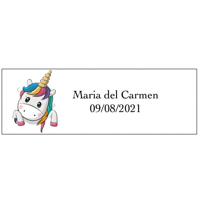 Adhesivo unicornio corazones rectangular personalizado nombre y fecha