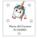 Adhesivo unicornio corazones cuadrado personalizado con nombre y fecha para bodas bautizos comuniones cumpleaños y empresas