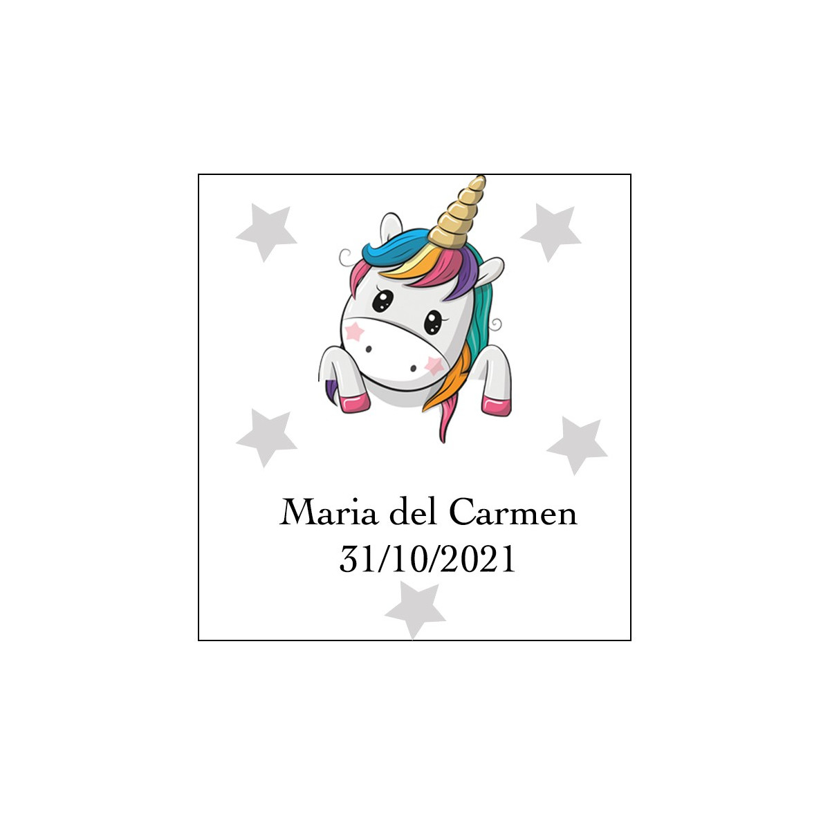 Adhesivo unicornio corazones cuadrado personalizado con nombre y fecha para bodas bautizos comuniones cumpleaños y empresas