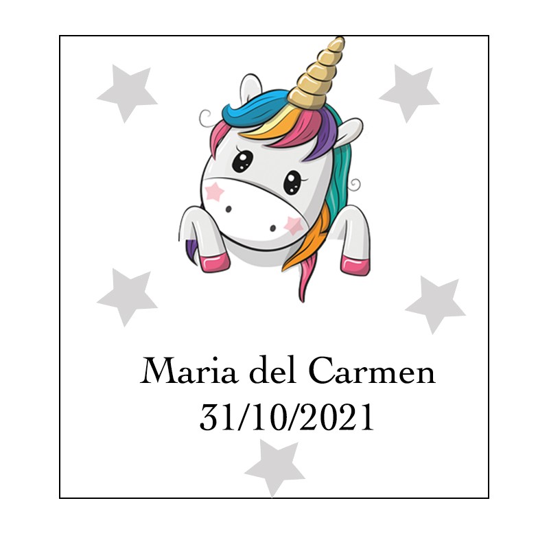 Adhesivo unicornio corazones cuadrado personalizado con nombre y fecha para bodas bautizos comuniones cumpleaños y empresas