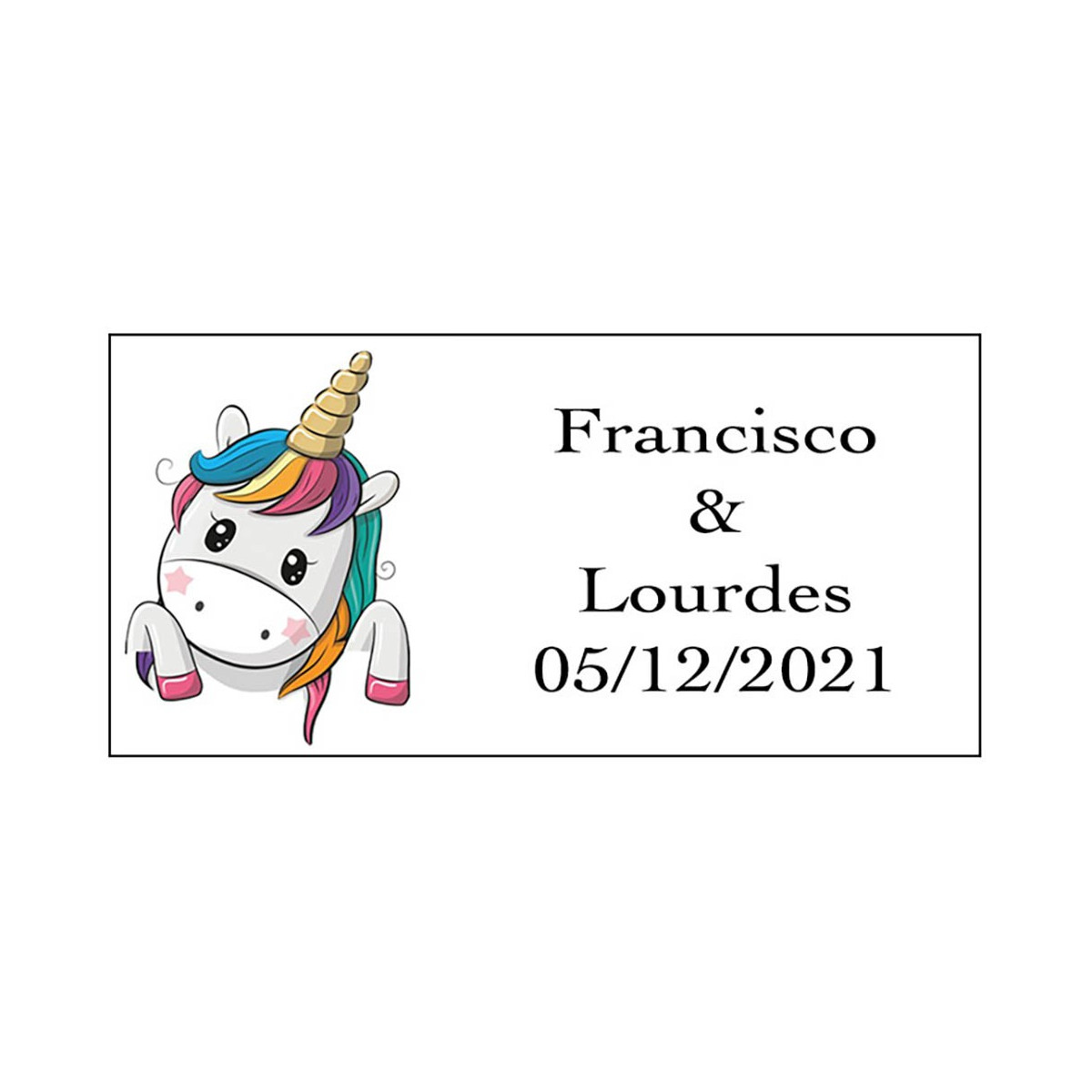 Adhesivo unicornio corazones rectangular personalizado para bodas