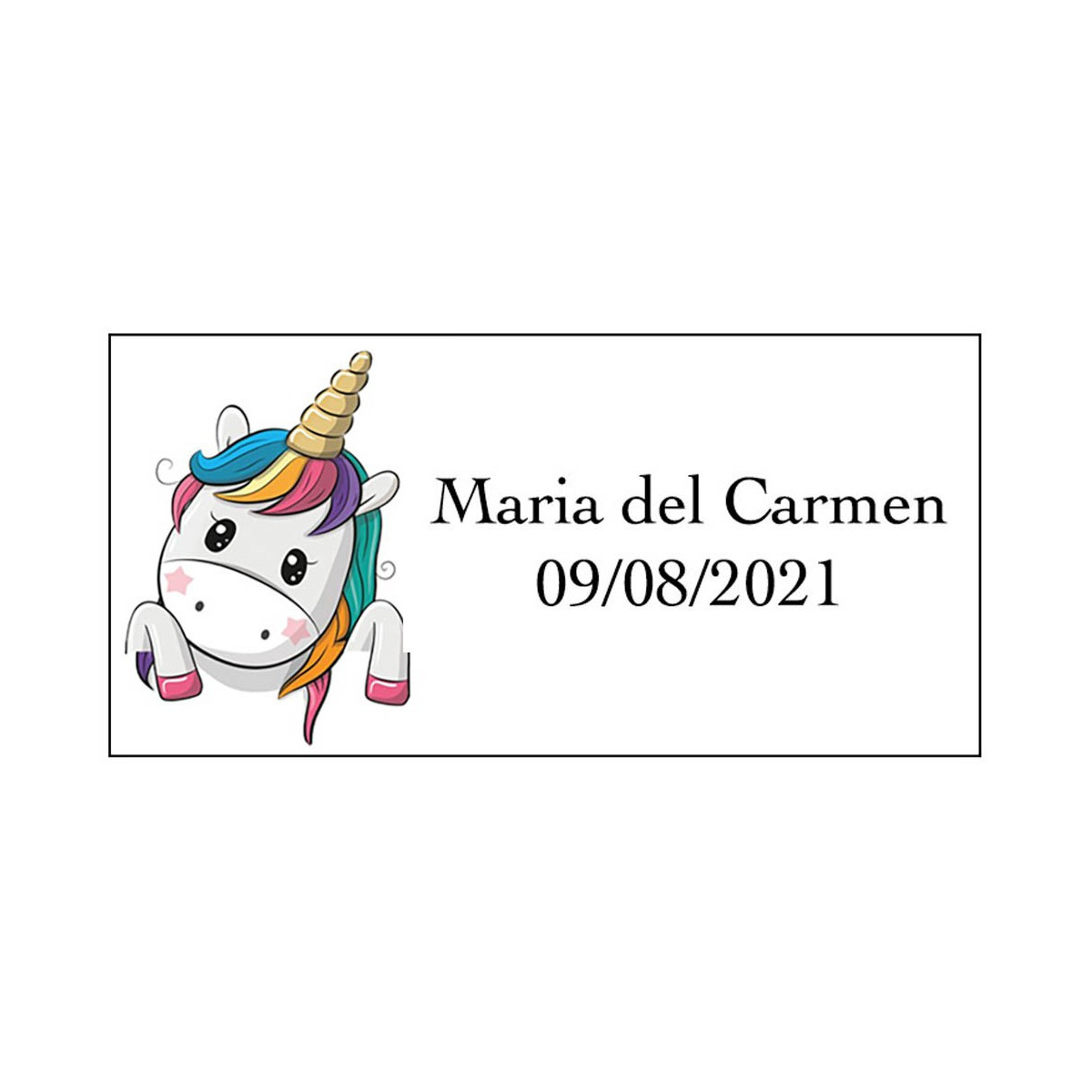 Adhesivo unicornio corazones rectangular personalizado con nombre y fecha