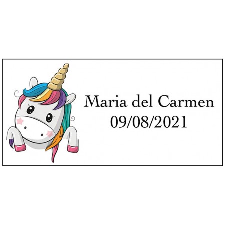 Adhesivo unicornio corazones rectangular personalizado con nombre y fecha