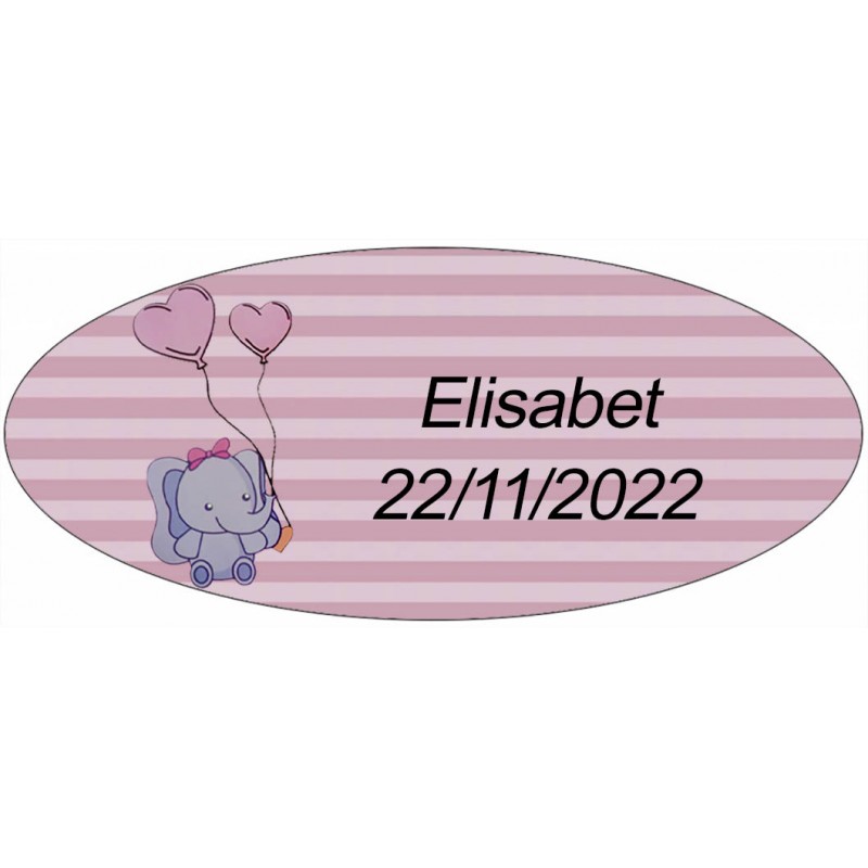 Adhesivo Elefante Rosa, Ovalado Personalizado Para Bautizo Adhesivo Elefante Rosa, Ovalado Personalizado Para Bautizo
