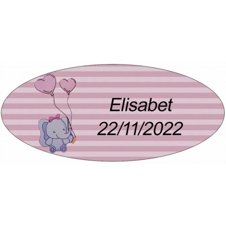 Adhesivo Elefante Rosa, Ovalado Personalizado Para Bautizo