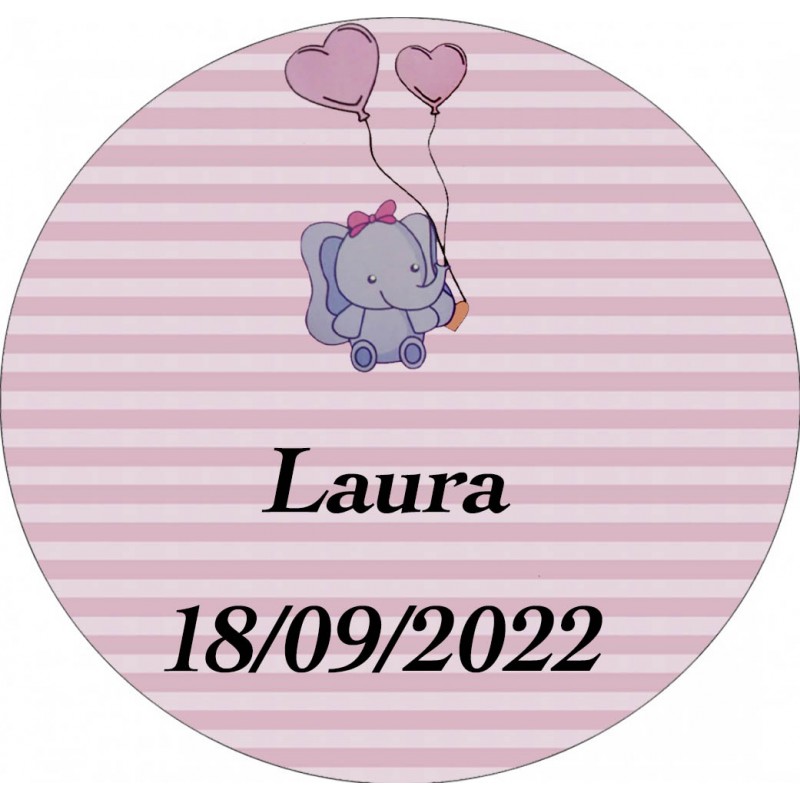 Adhesivo Elefante Rosa, Redondo Personalizado Para Bautizo Tamaño Mini Adhesivo Elefante Rosa, Redondo Personalizado Para Bautizo Tamaño Mini