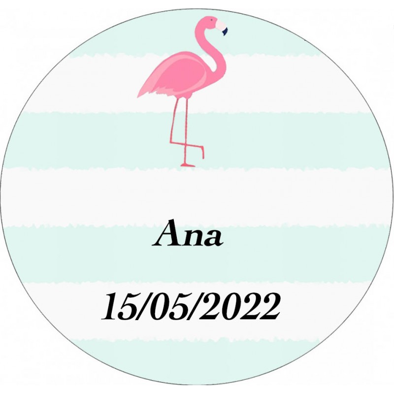 Adhesivo Flamenco, Redondo Personalizado Con Nombre Y Fecha Tamaño Mini Adhesivo Flamenco, Redondo Personalizado Con Nombre Y Fecha Tamaño Mini