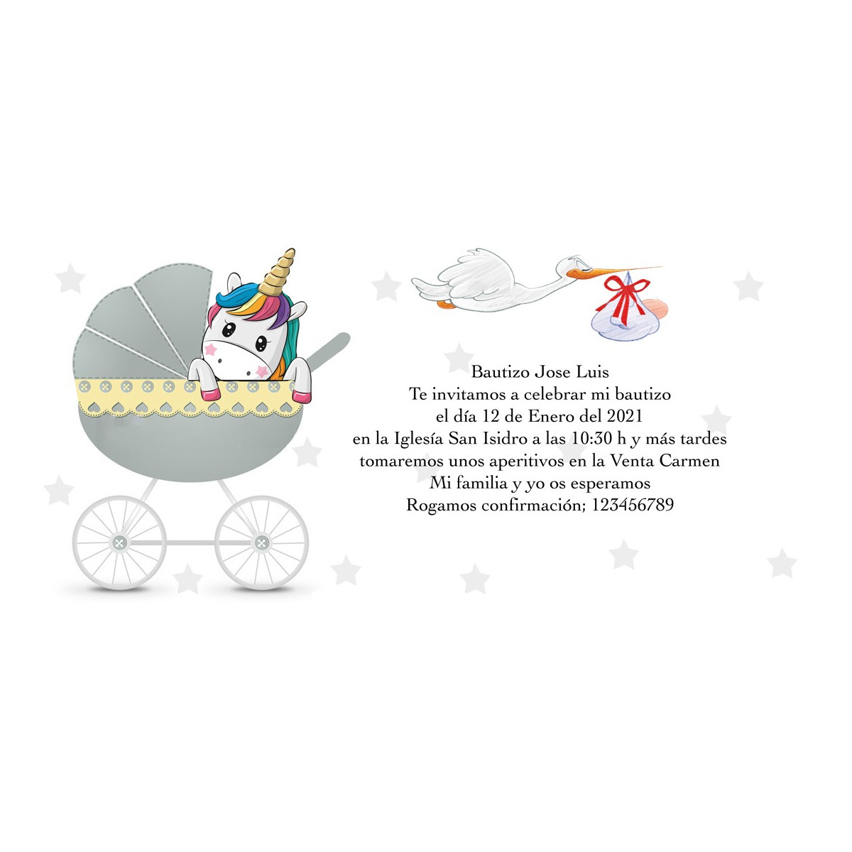 Invitaciones de bautizo unicornio personalizada