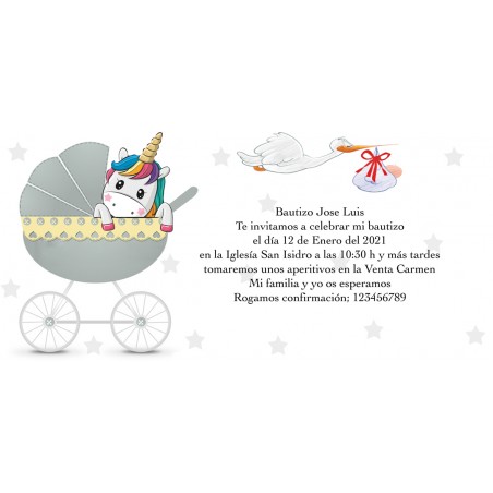 Invitaciones De Bautizo Unicornio Personalizada