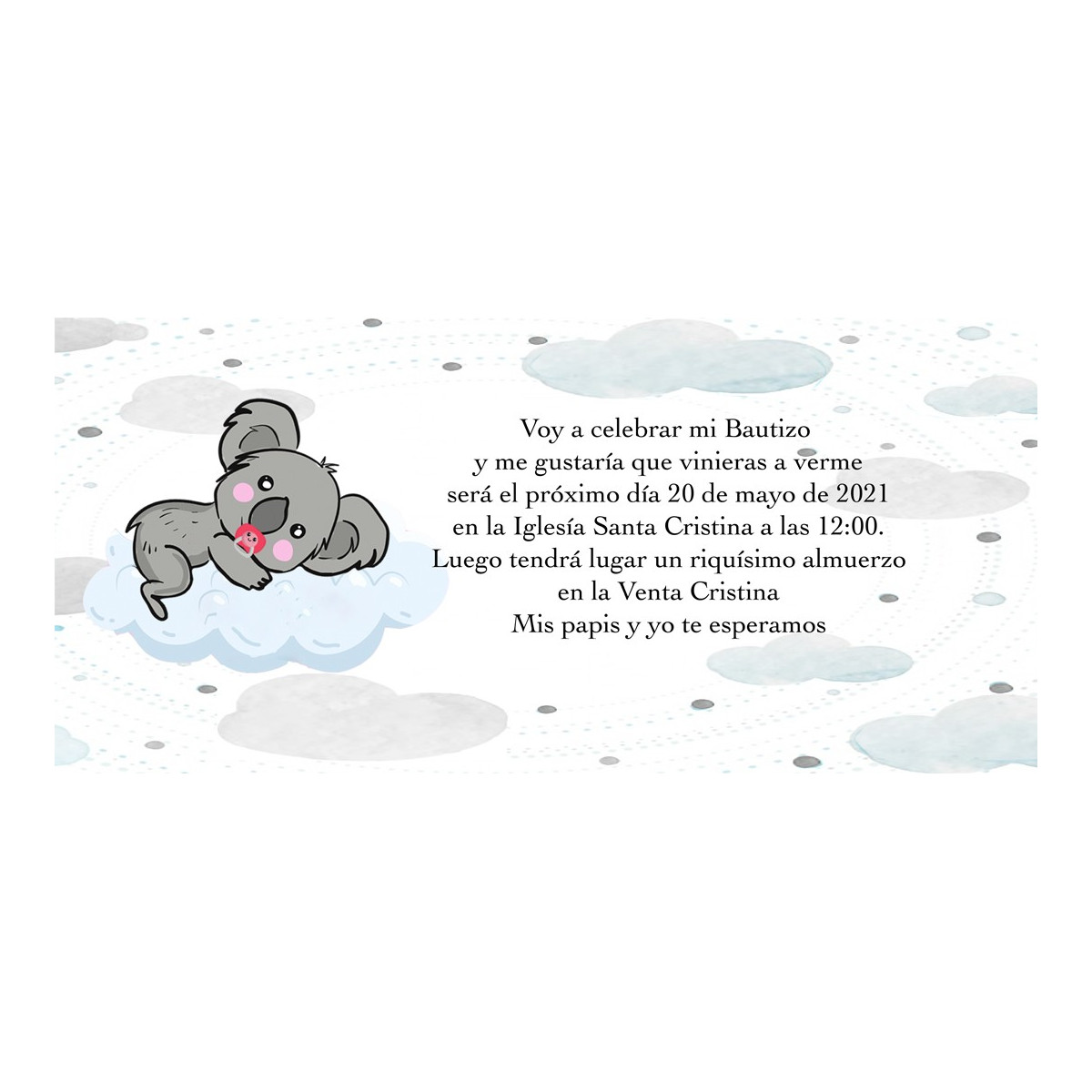 Invitaciones de bautizo koala personalizada