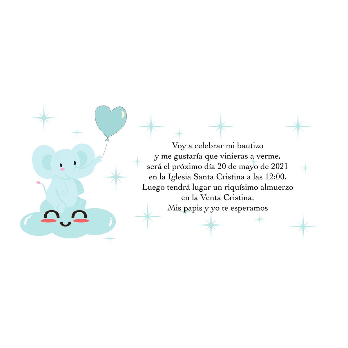 Invitaciones de bautizo elefante azul personalizada