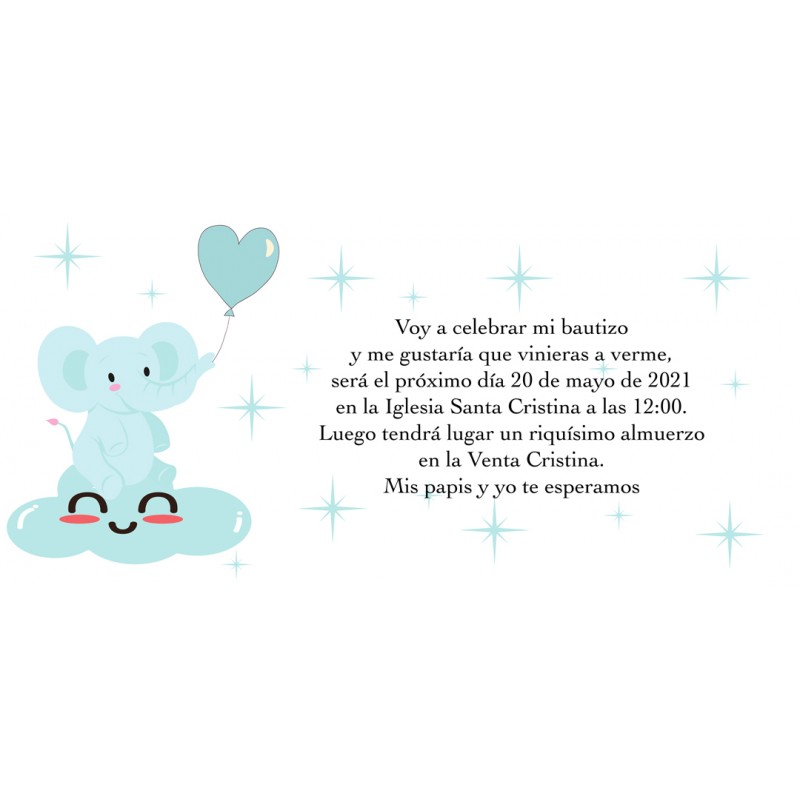 Invitaciones de bautizo elefante azul personalizada