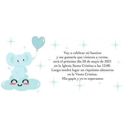 Invitaciones de bautizo elefante azul personalizada