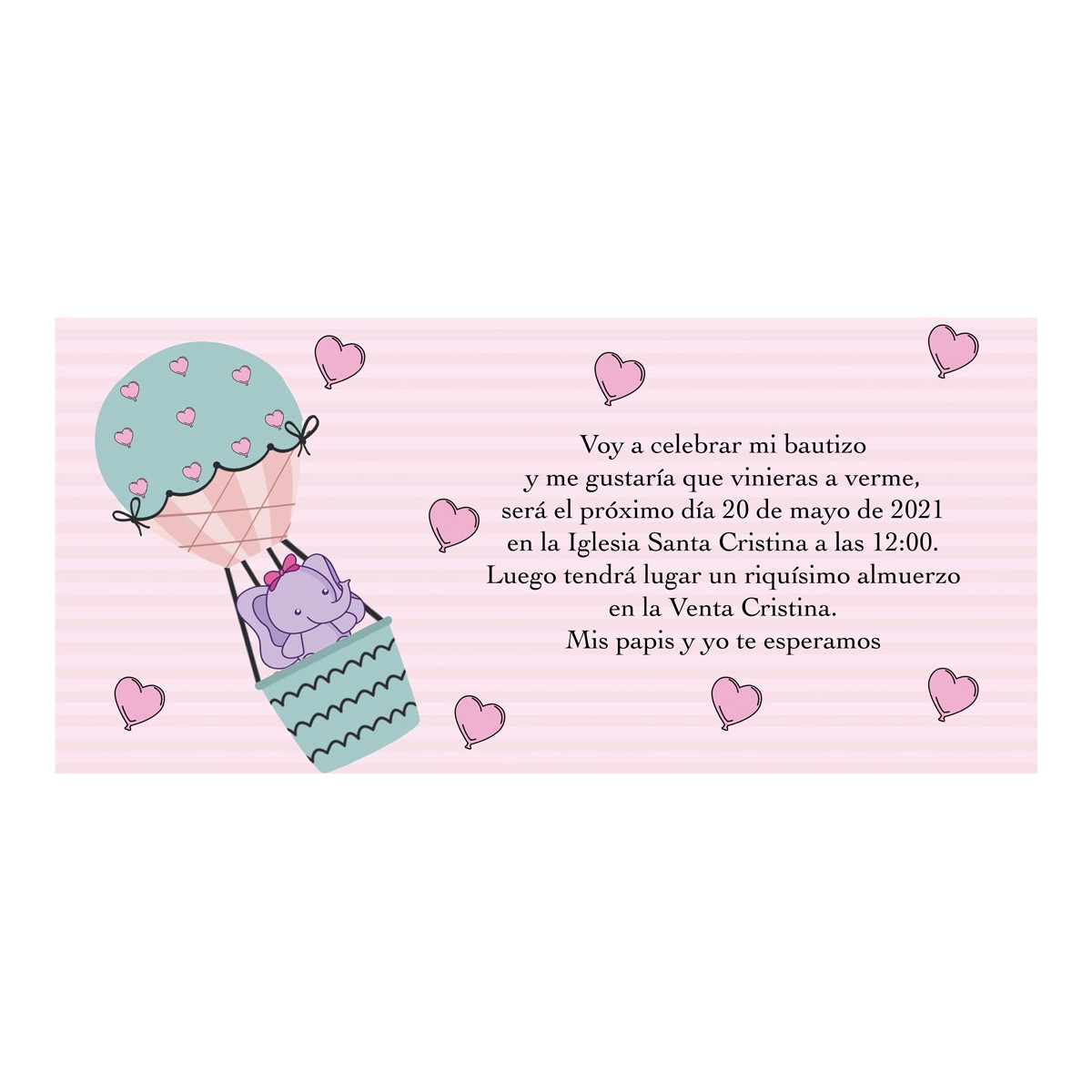 Invitaciones de bautizo elefante rosa personalizada