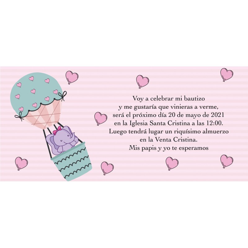 Invitaciones de bautizo elefante rosa personalizada