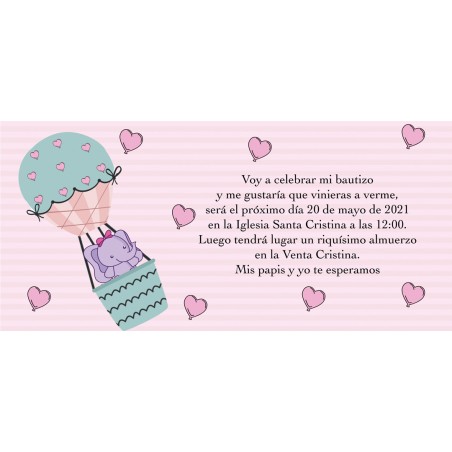 Invitaciones De Bautizo Elefante Rosa Personalizada