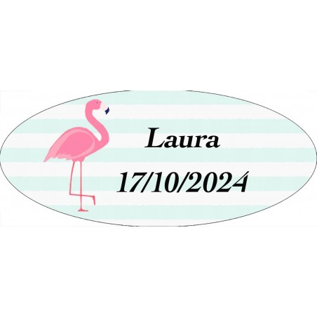 Adhesivo Flamenco, Ovalado Personalizado Con Nombre Y Fecha