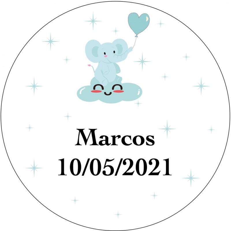 Adhesivo Redondo Elefante Azul Personalizado Para Bautizo O Baby Shower Tamaño Mini Adhesivo Redondo Elefante Azul Personalizado Para Bautizo O Baby Shower Tamaño Mini