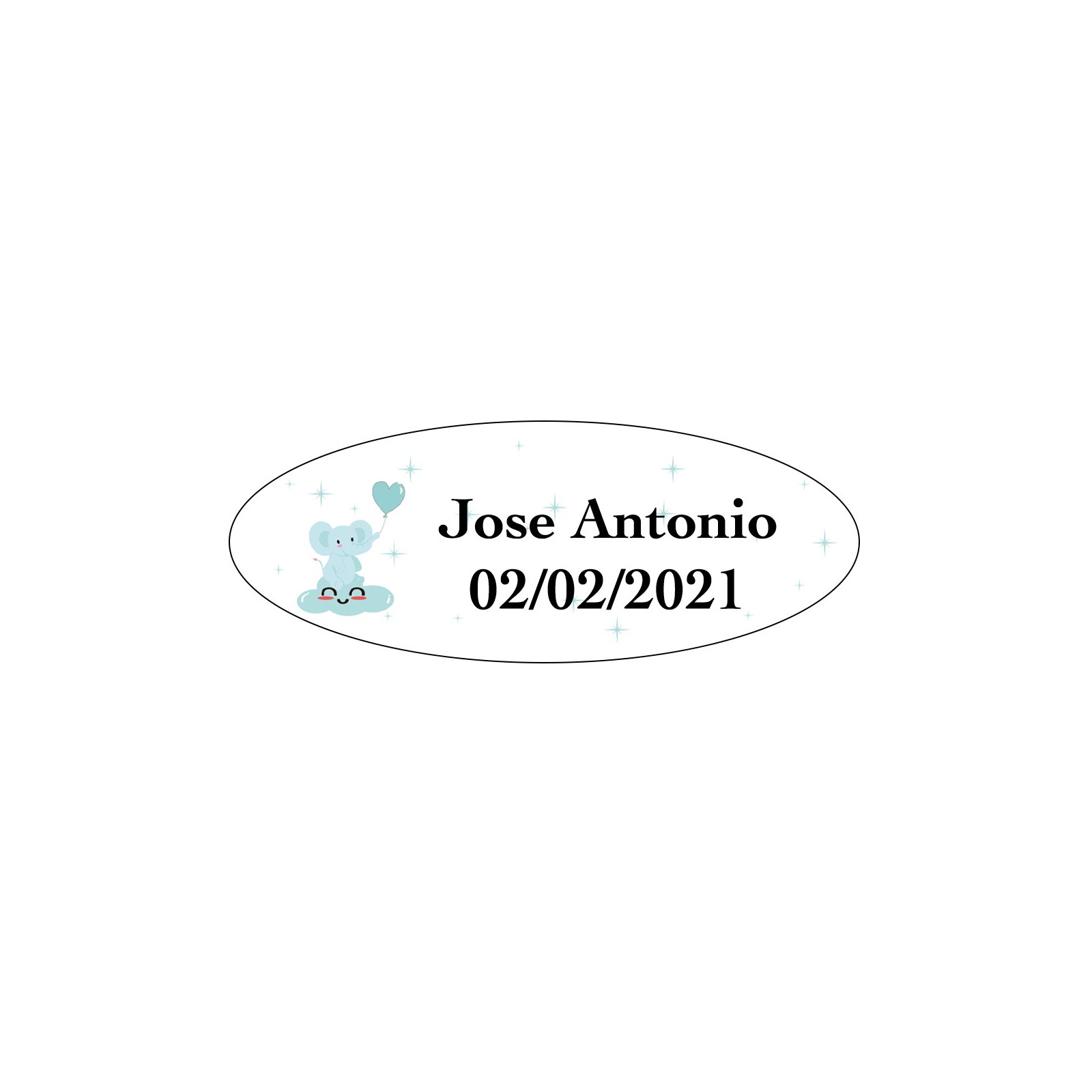 Adhesivo elefante azul ovalado personalizado para bautizo