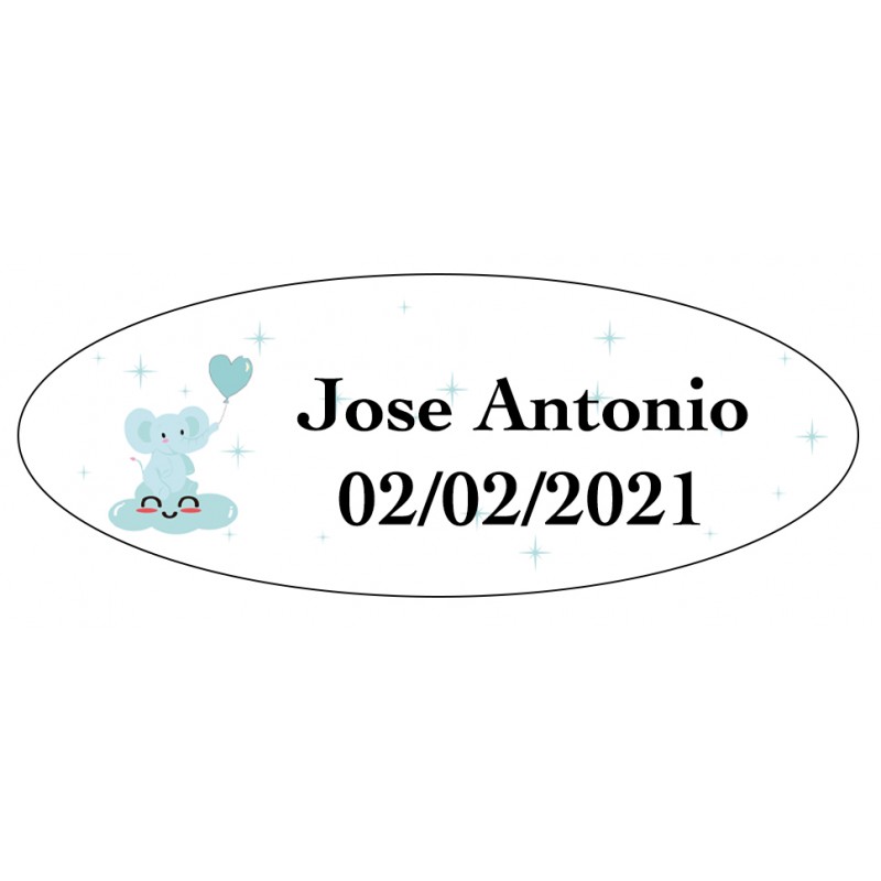 Adhesivo Elefante Azul, Ovalado Personalizado Para Bautizo Adhesivo Elefante Azul, Ovalado Personalizado Para Bautizo
