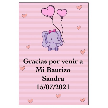 Adhesivo personalizado elefante rosa para baby shower o bautizo