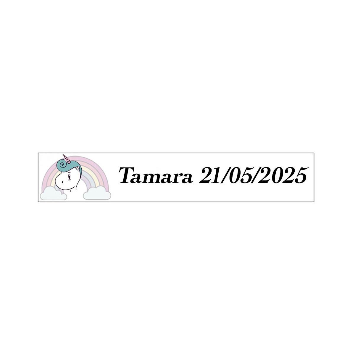 Adhesivo unicornio arcoíris rectangular personalizado con nombre y fecha