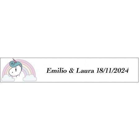 Adhesivo unicornio arcoíris rectangular personalizado para bodas