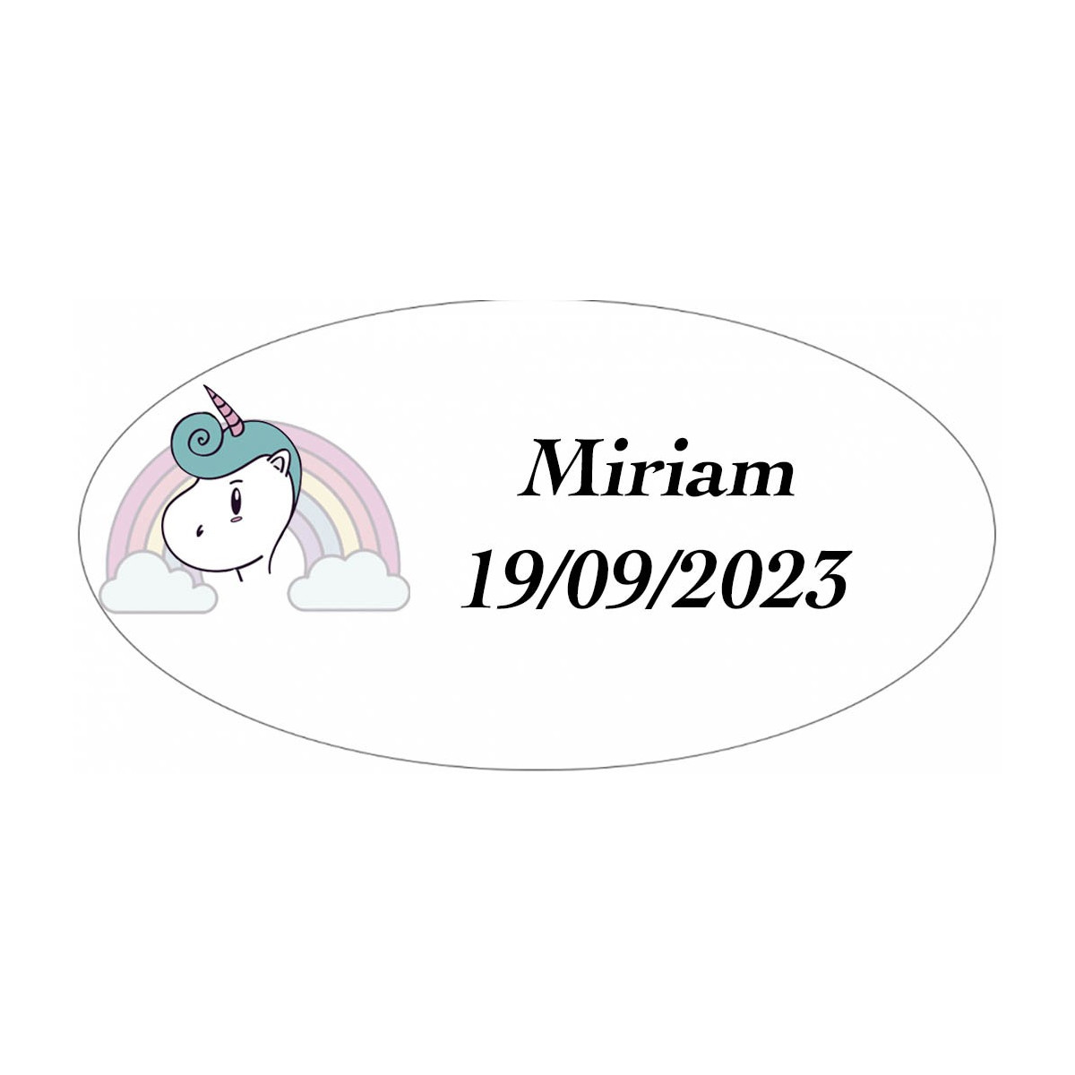 Adhesivo unicornio arcoíris ovalado personalizado con nombre y fecha