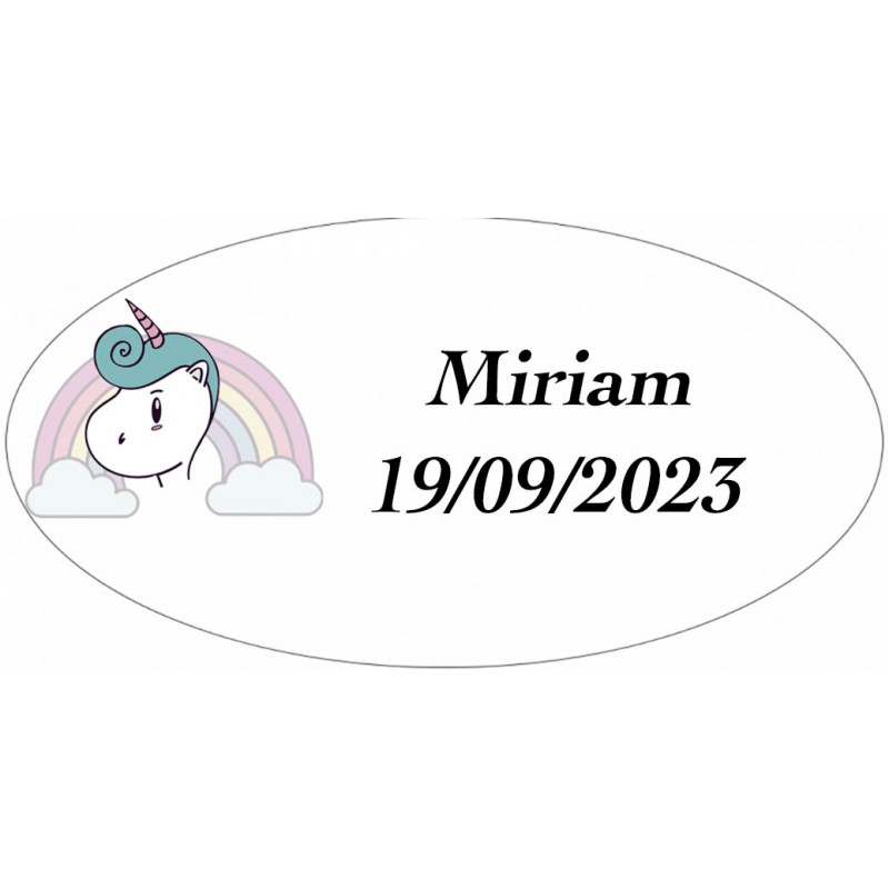 Adhesivo Unicornio Arcoíris, Ovalado Personalizado Con Nombre Y Fecha Adhesivo Unicornio Arcoíris, Ovalado Personalizado Con Nombre Y Fecha