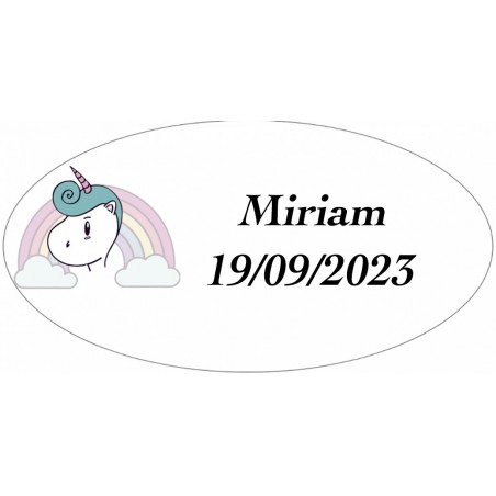 Adhesivo Unicornio Arcoíris, Ovalado Personalizado Con Nombre Y Fecha