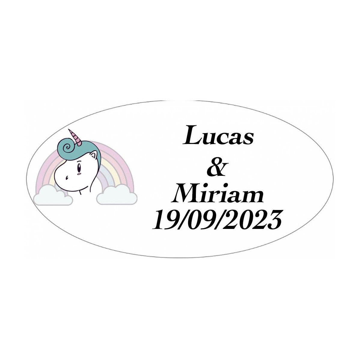 Adhesivo unicornio arcoíris ovalado personalizado para bodas