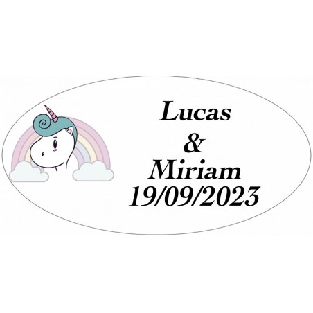 Adhesivo unicornio arcoíris ovalado personalizado para bodas