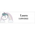 Adhesivo Unicornio Arcoíris, Rectangular Personalizado Nombre Y Fecha para Bodas, Bautizos, Comunión, Cumpleaños o Empresas